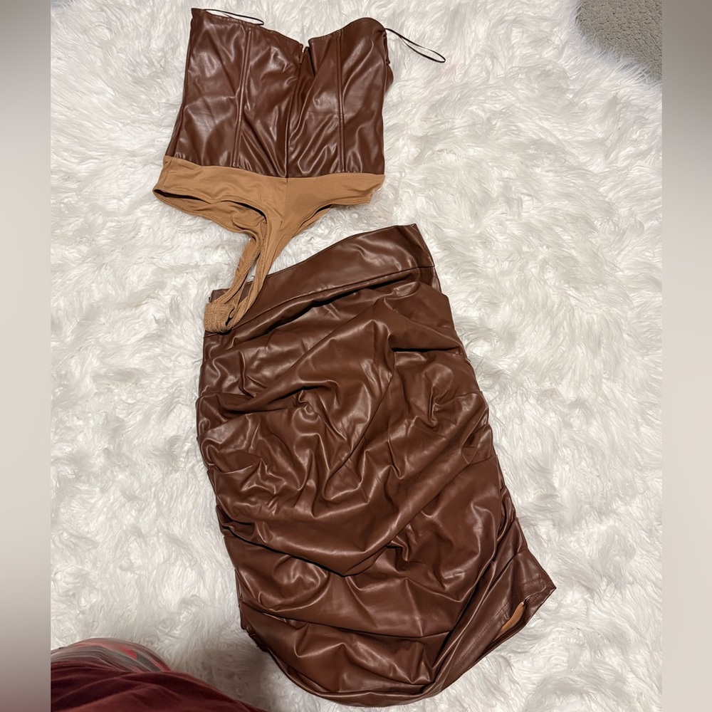 JLuxLabel Faux Leather Bustier Top + Ruched Skirt Set | Brown Matching Set - Picture 2 of 3